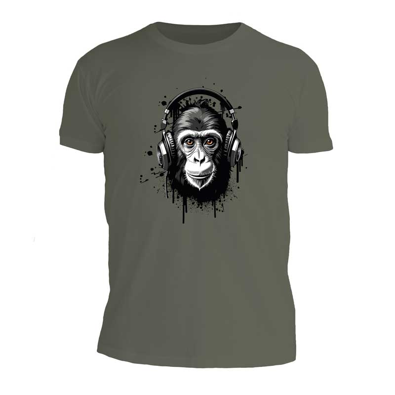 ανδρικό-χακί-t-shirt-με-στάμπα-gorilla-headphones-μπροστά ανδρικό χακί t-shirt με στάμπα gorilla headphones μπροστά