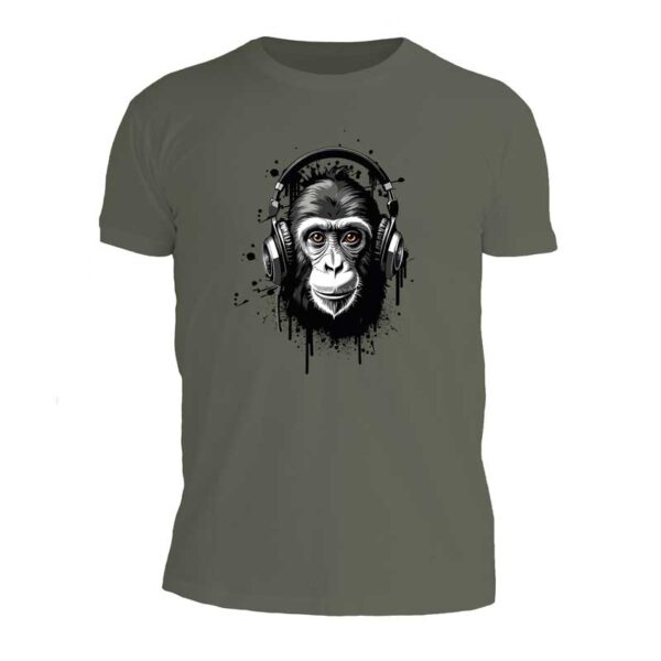 ανδρικό χακί t-shirt με στάμπα gorilla headphones μπροστά